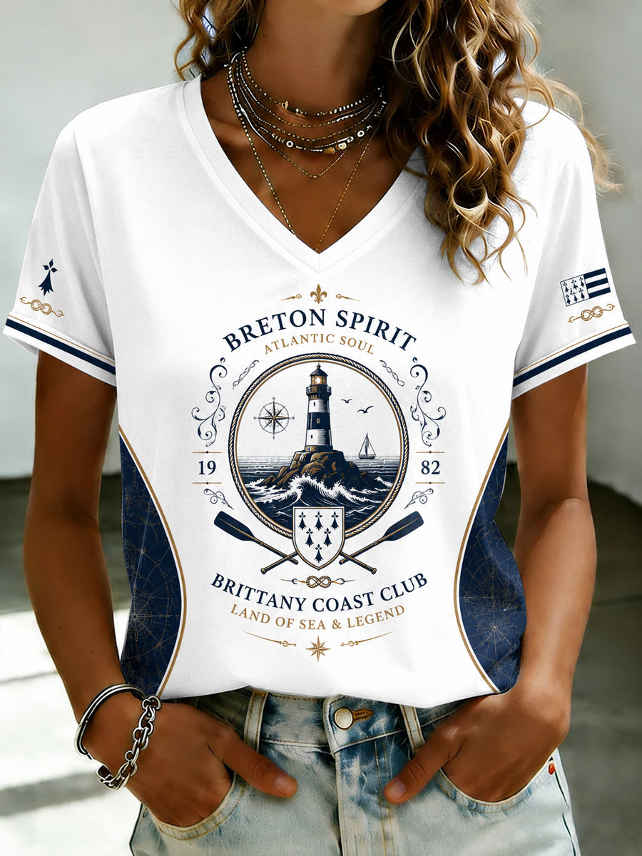 T-shirt à col en V imprimé celtique de Bretagne, pour femme