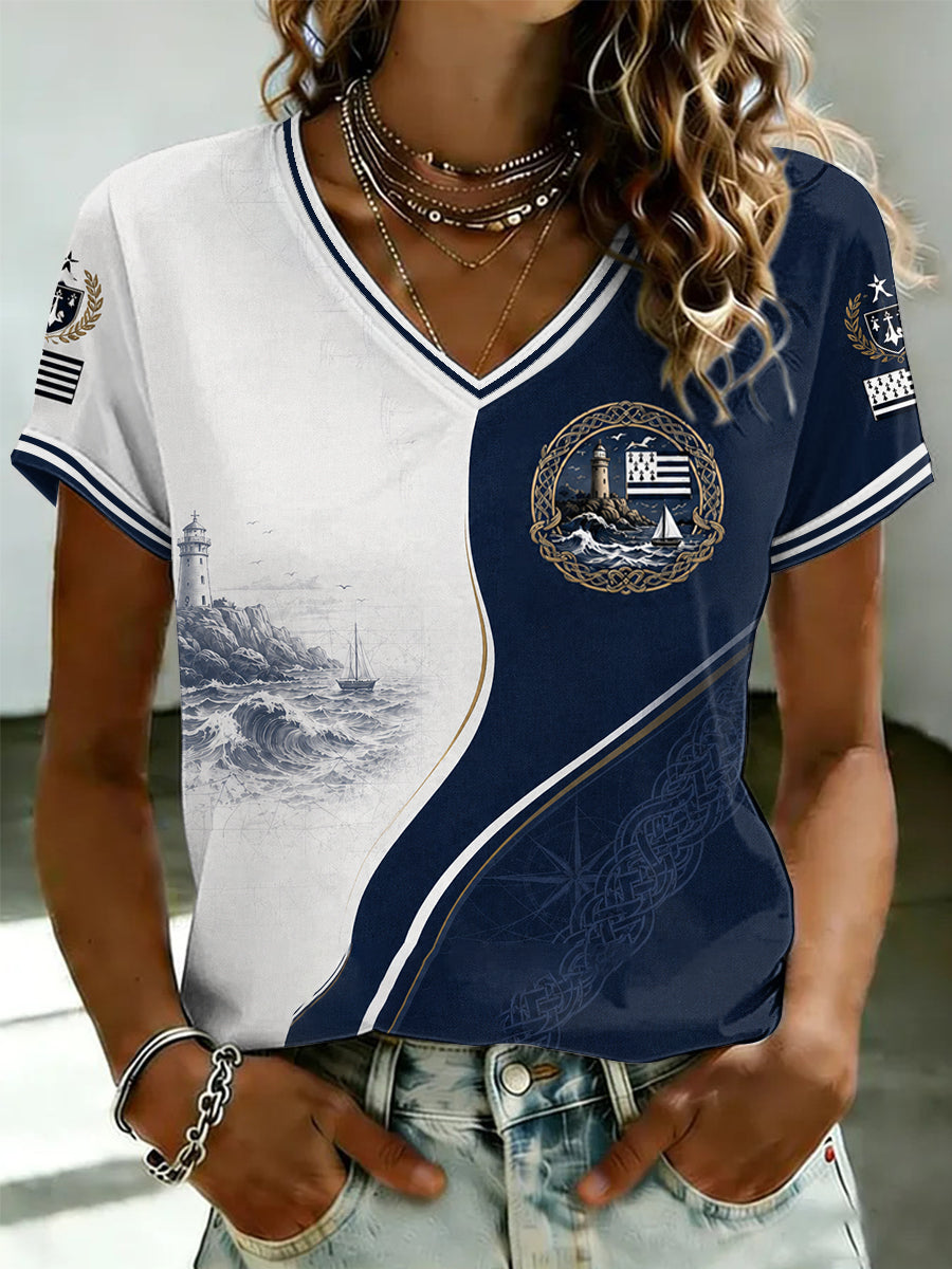 T-shirt à col en V imprimé celtique de Bretagne, pour femme