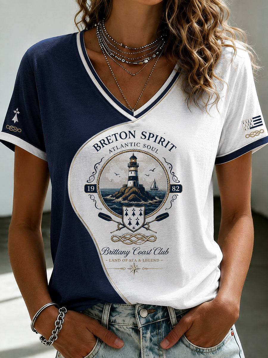 T-shirt à col en V imprimé celtique de Bretagne, pour femme