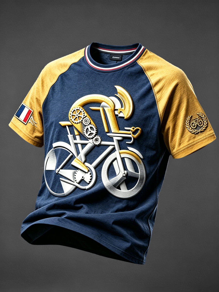 T-shirt décontracté à épaules tombantes pour homme, style vintage bleu marine, avec imprimé 3D de cyclisme français