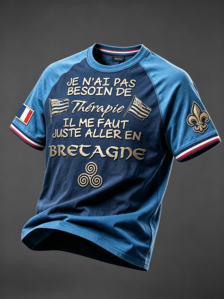 T-shirt décontracté à épaules tombantes pour homme, imprimé breton français, bleu, patchwork