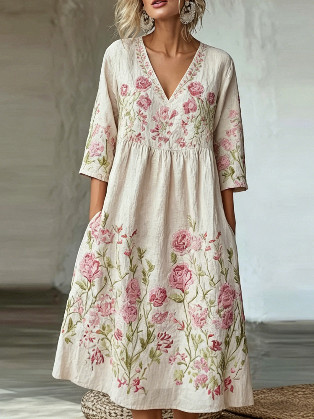 Robe décontractée à motif de plantes et de fleurs pour femmes