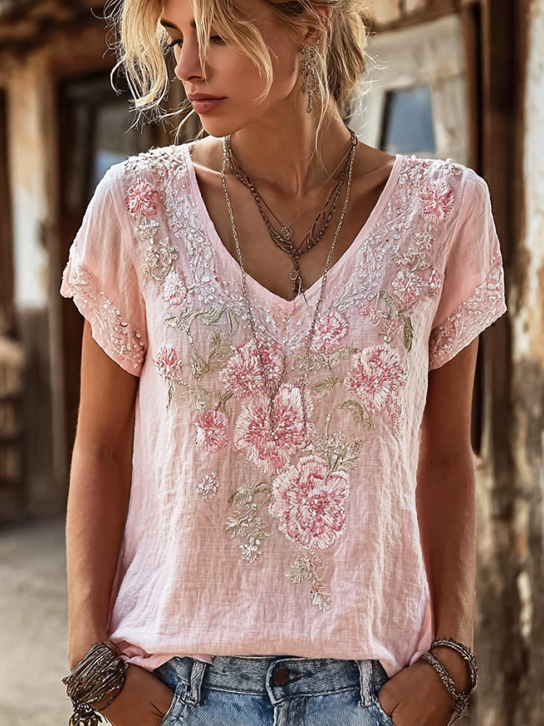 T-shirt décontracté en lin à manches courtes, motif floral et végétal pour femme