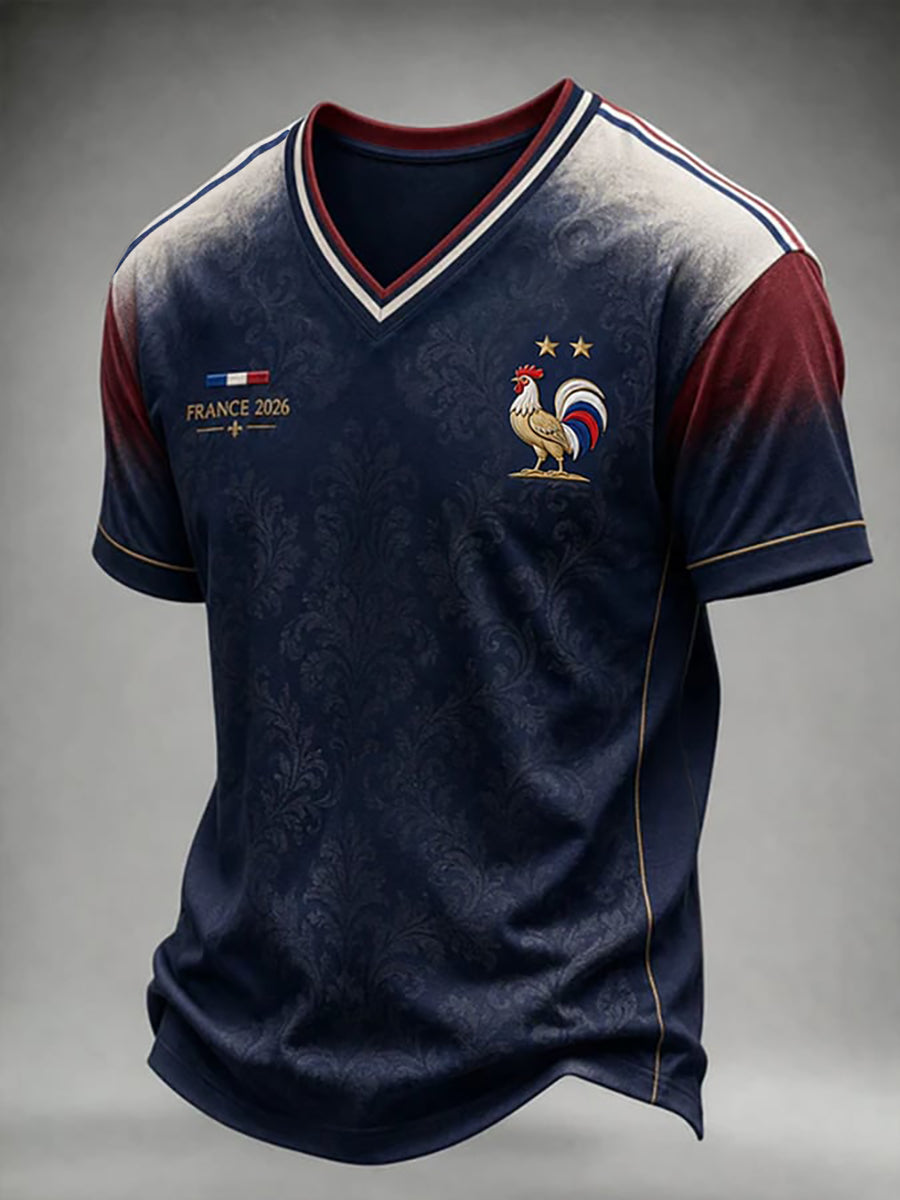 T-shirt à col en V pour hommes, motif fan de football français