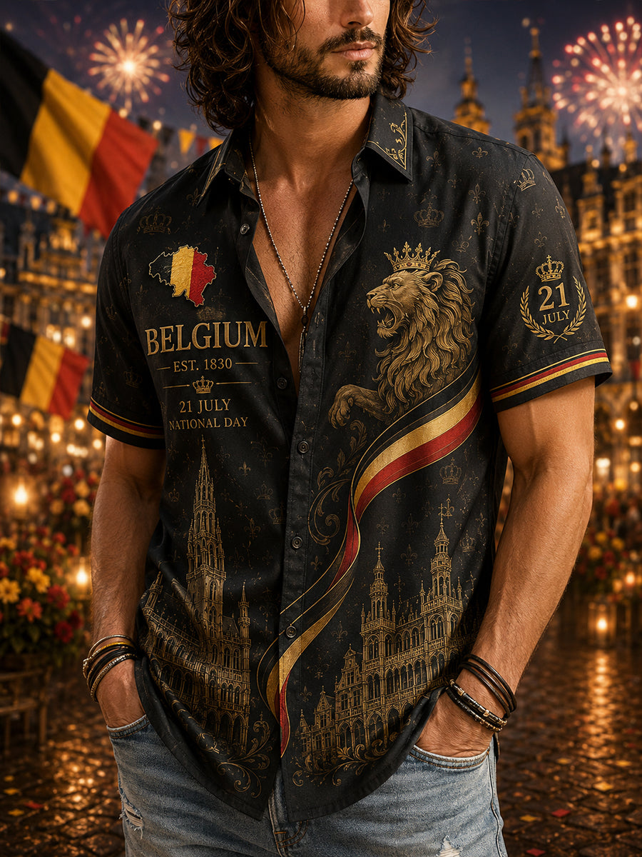 Chemise rétro à manches courtes pour homme, imprimée, pour la fête nationale