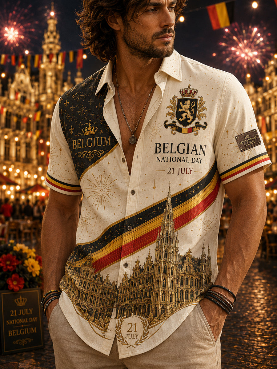 Chemise rétro à manches courtes pour homme, imprimée, pour la fête nationale