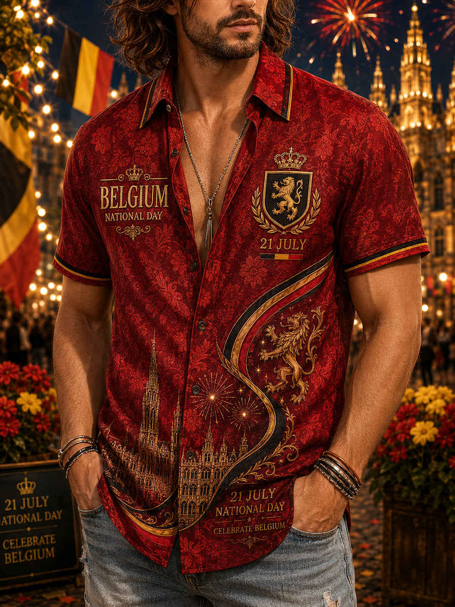 Chemise rétro à manches courtes pour homme, imprimée, pour la fête nationale