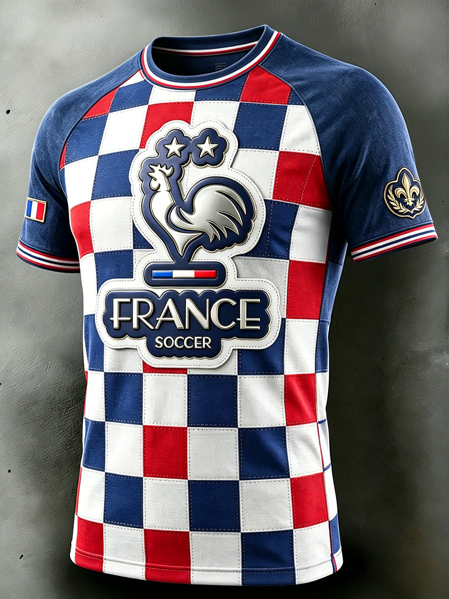 T-shirt décontracté à épaules tombantes pour homme, motif pied-de-poule et coq français