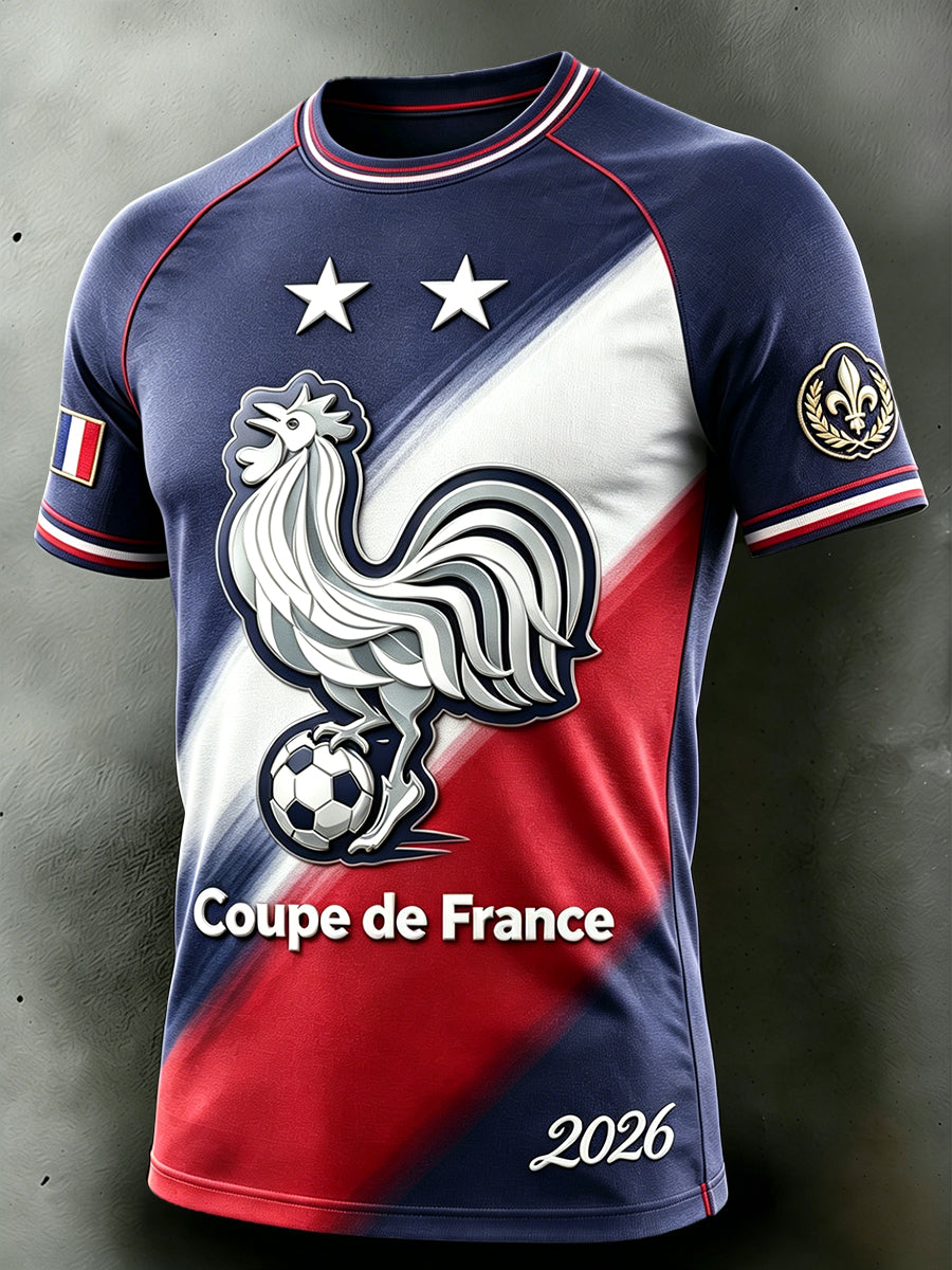T-shirt décontracté à épaules tombantes pour homme, motif football et coq français