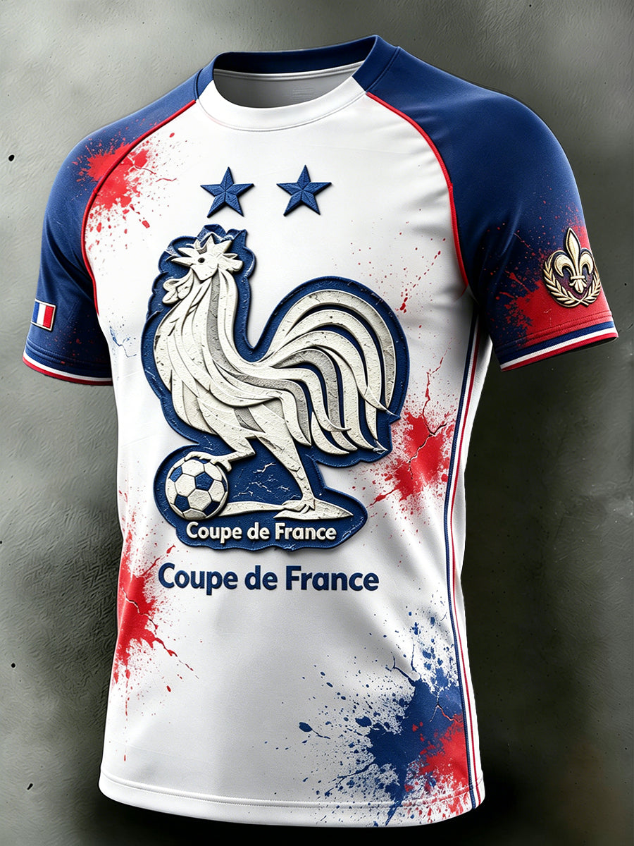 T-shirt décontracté à épaules tombantes pour homme, motif graffiti avec coq français, imprimé patchwork