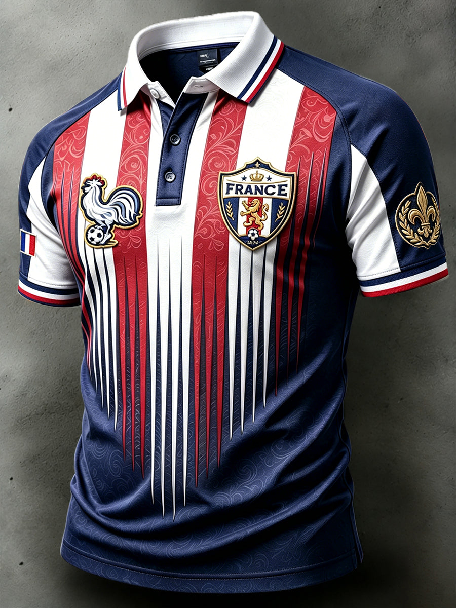 Polo décontracté pour homme en coton à rayures et motifs patchwork, motif football français