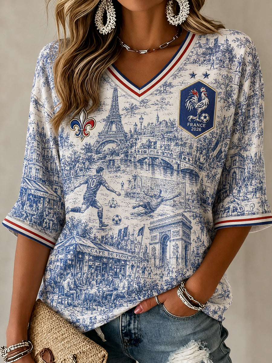 Chemise en lin à col V pour femme, motif France Football