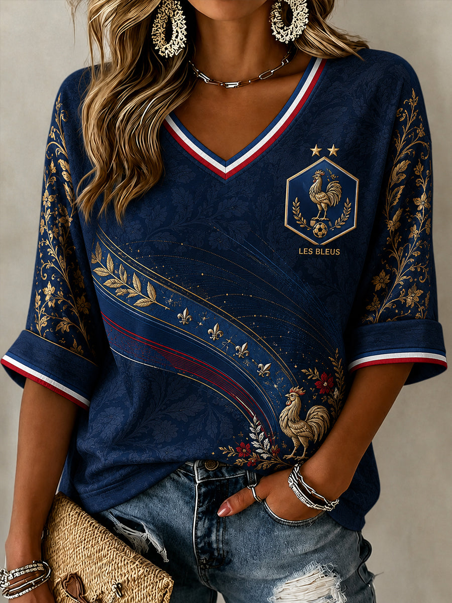 Chemise en lin à col V pour femme, motif France Football