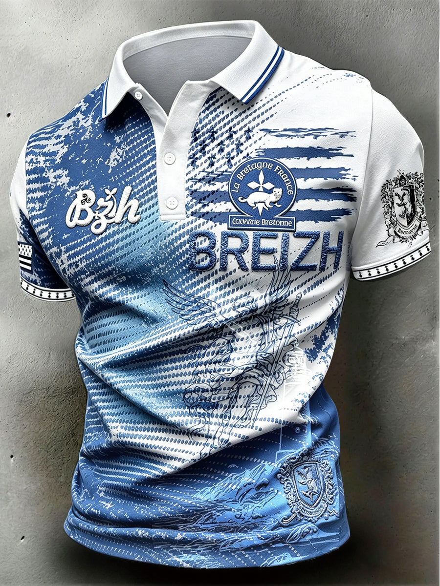 Polo Homme Décontracté Bleu À Imprimé Breton