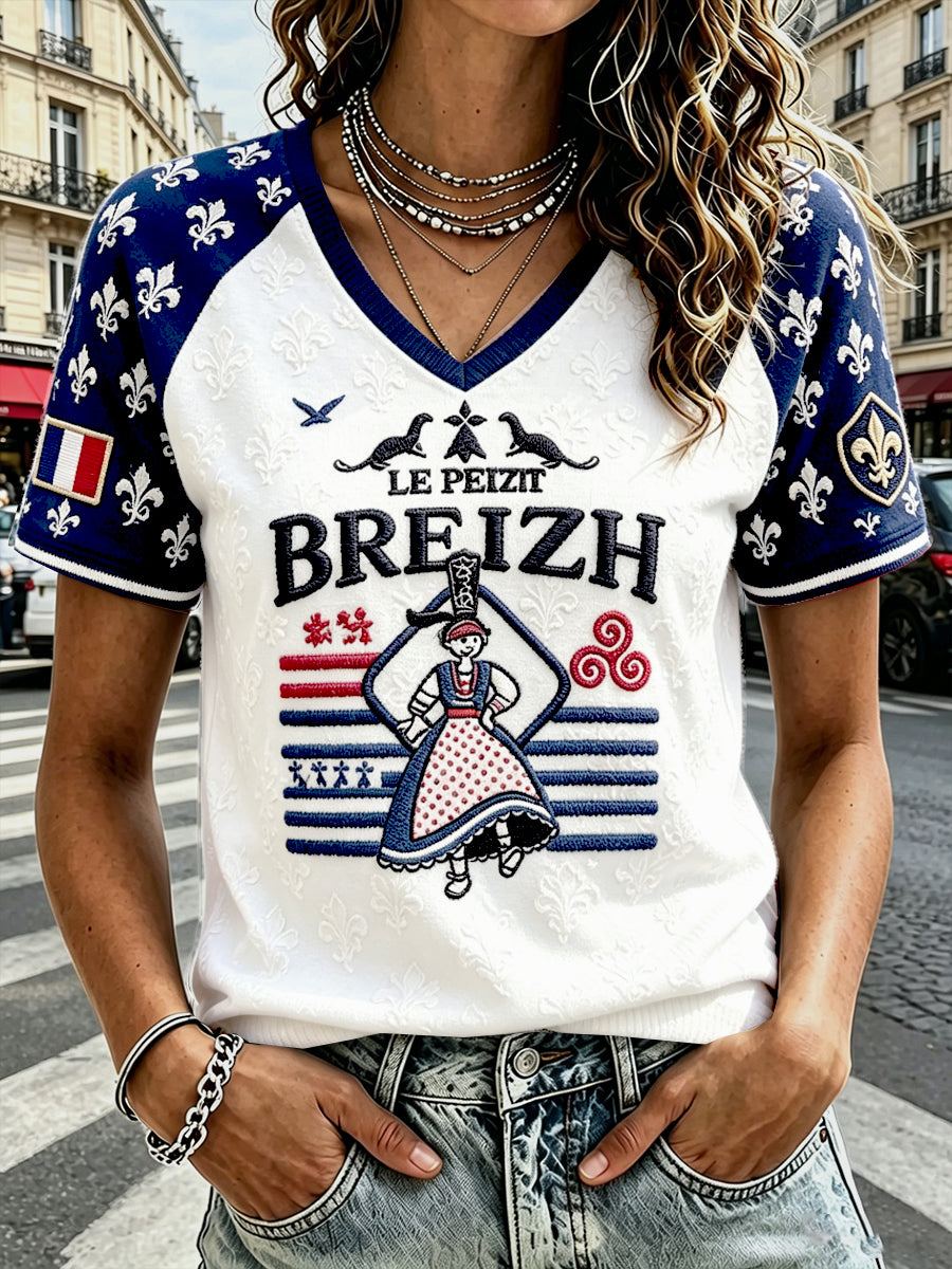 Femmes Français Bretagne Mignon Imprimer Patchwork Casual V-cou T-shirt