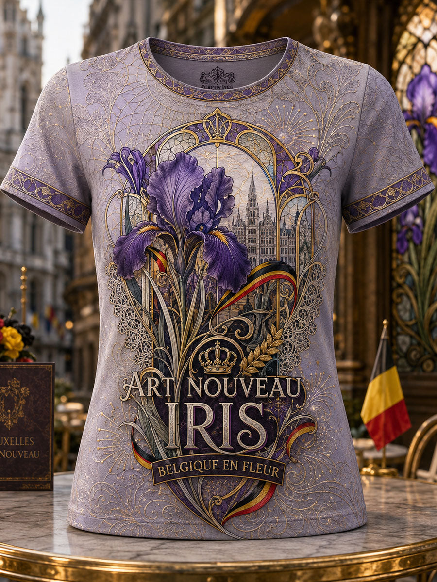 T-shirt en lin imprimé d’art représentant des iris, pour la Fête nationale belge des femmes