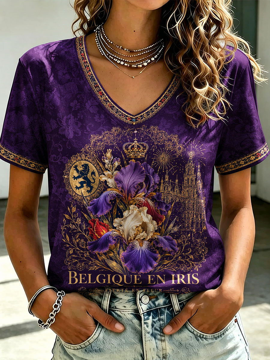 T-shirt en lin imprimé d’art représentant des iris, pour la Fête nationale belge des femmes