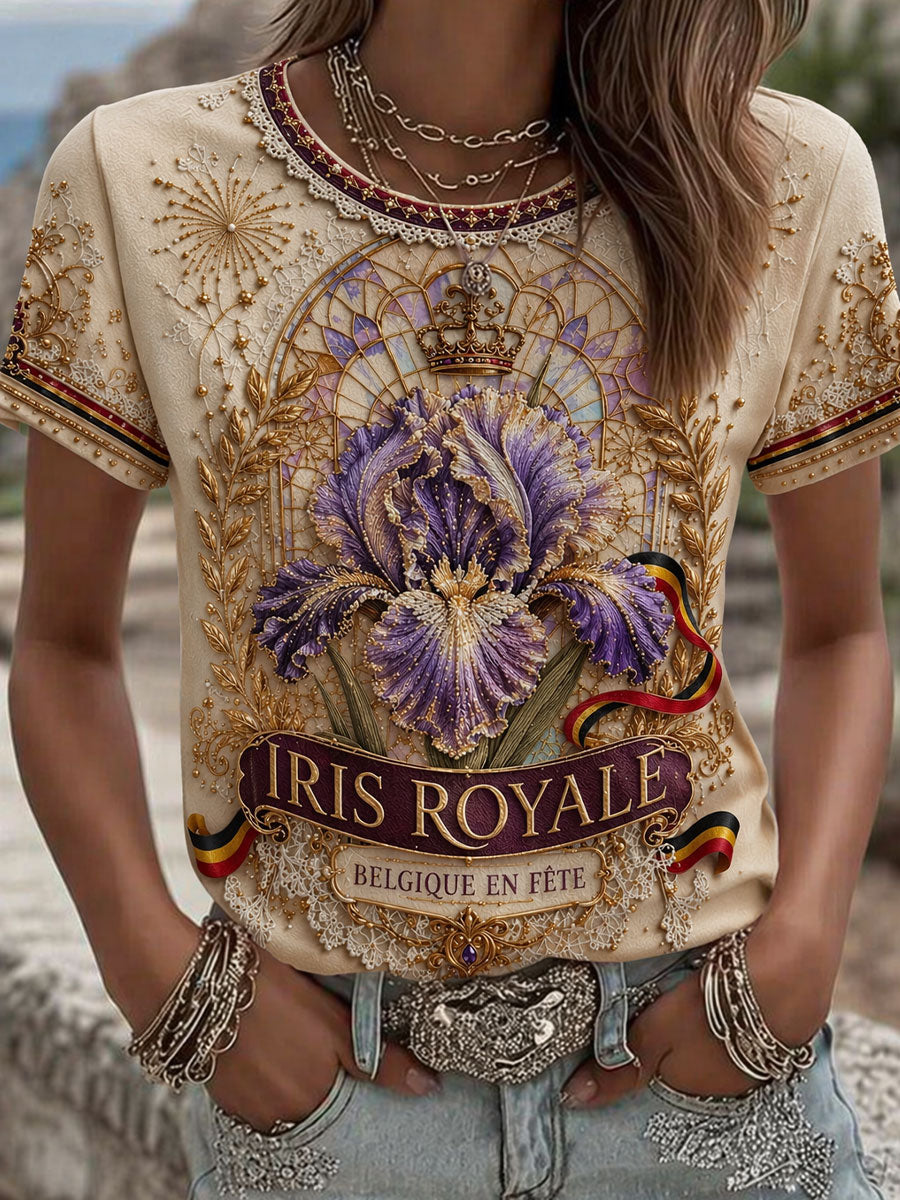 T-shirt en lin imprimé d’art représentant des iris, pour la Fête nationale belge des femmes