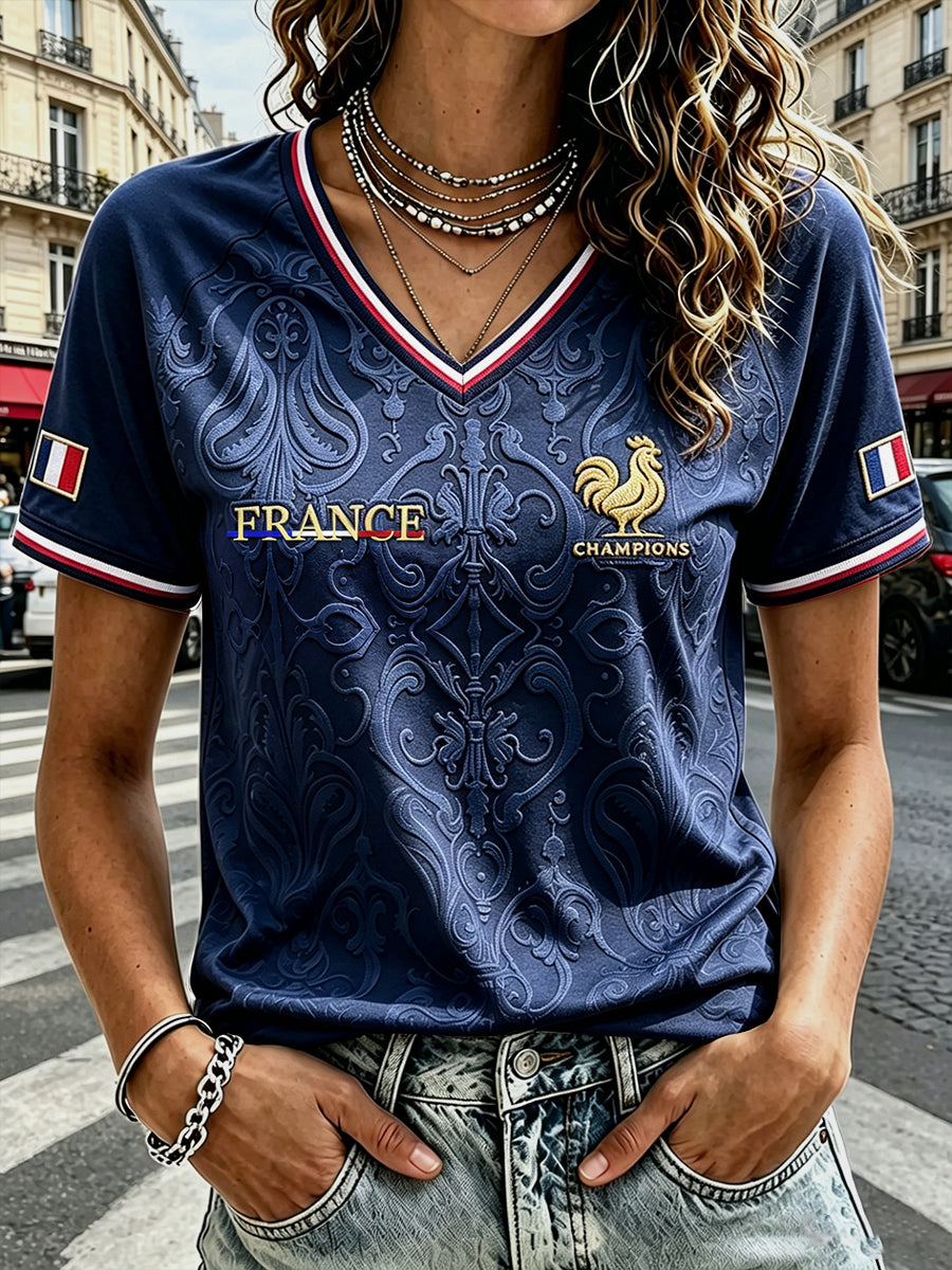T-shirt décontracté à col en V pour femme, bleu foncé, motif coq français de football