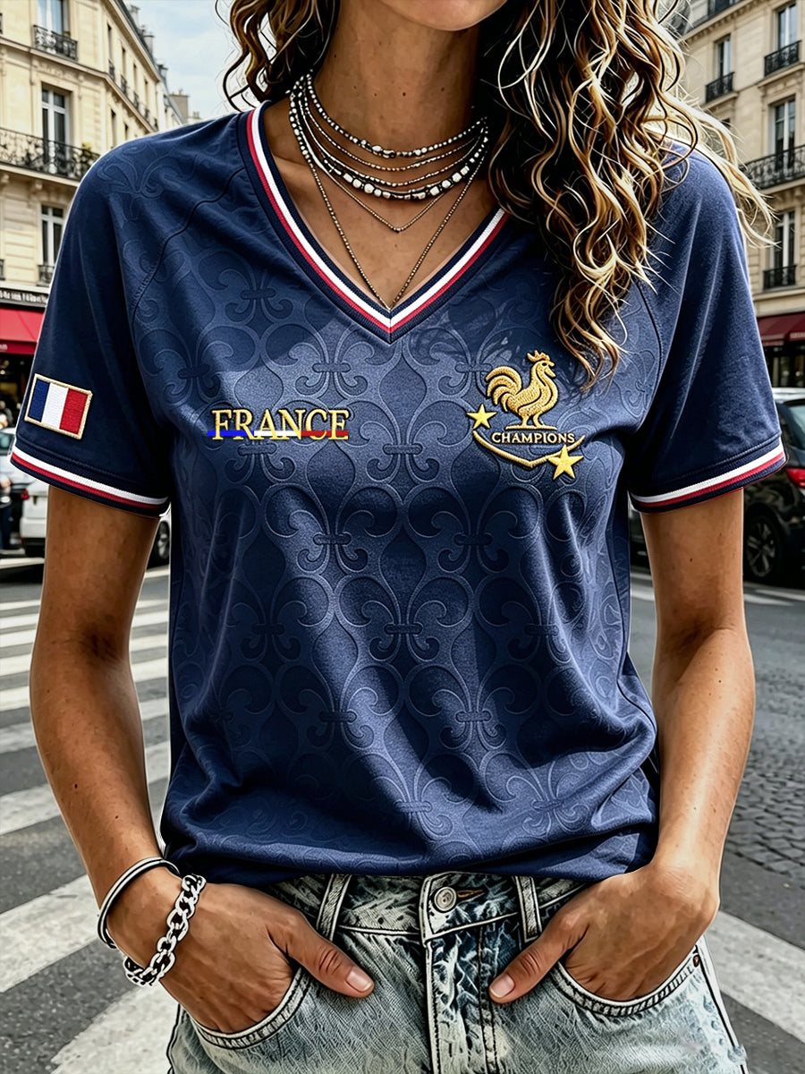 T-shirt décontracté à col en V pour femmes, motif coq de football français