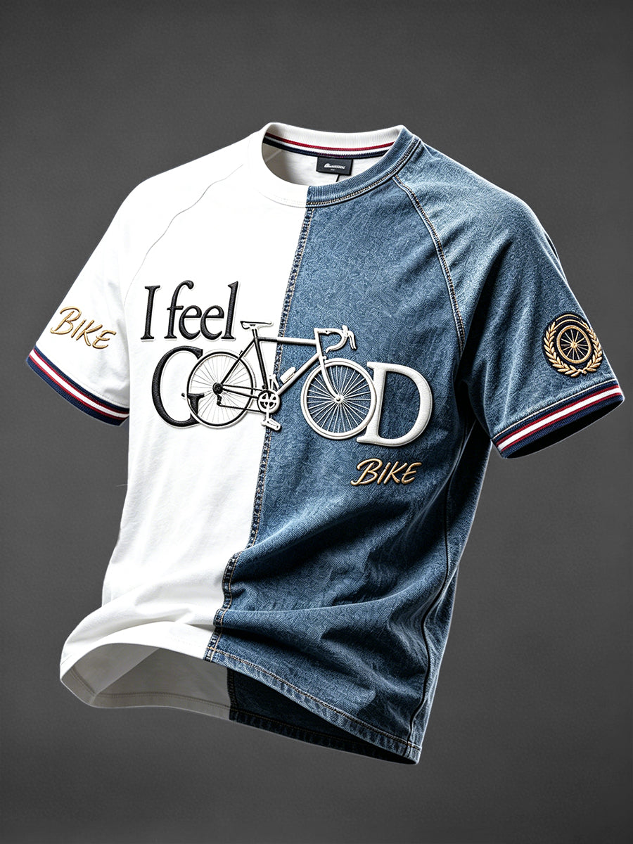 T-shirt décontracté pour homme, motif patchwork en jean, cyclisme sur le Tour de France 2026