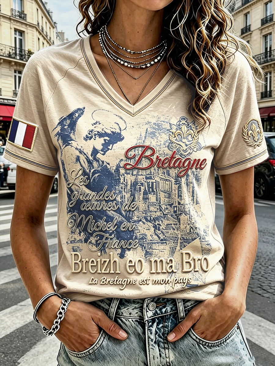 T-shirt femme à col en V et épaules tombantes, style vintage breton, imprimé Saint-Malo