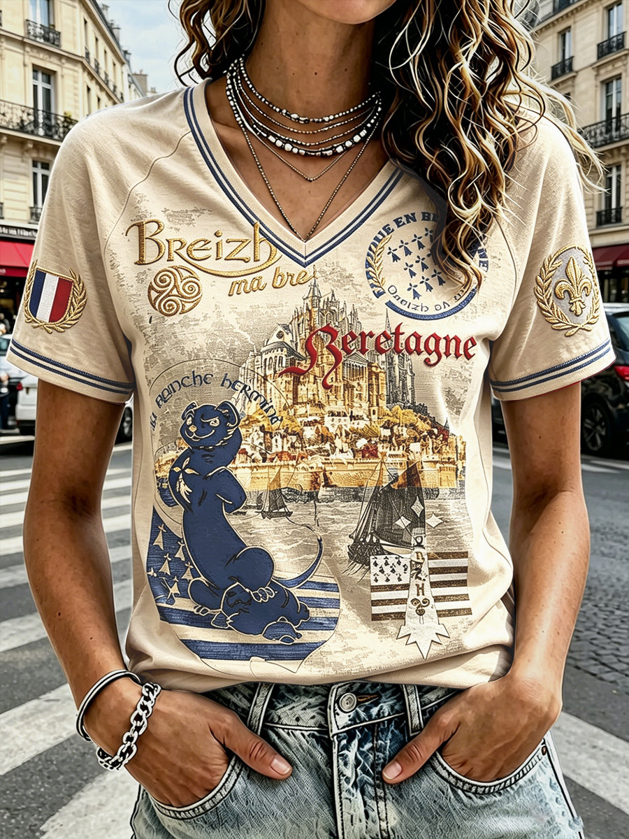 T-shirt vintage pour femme à col en V et épaules tombantes, imprimé marin