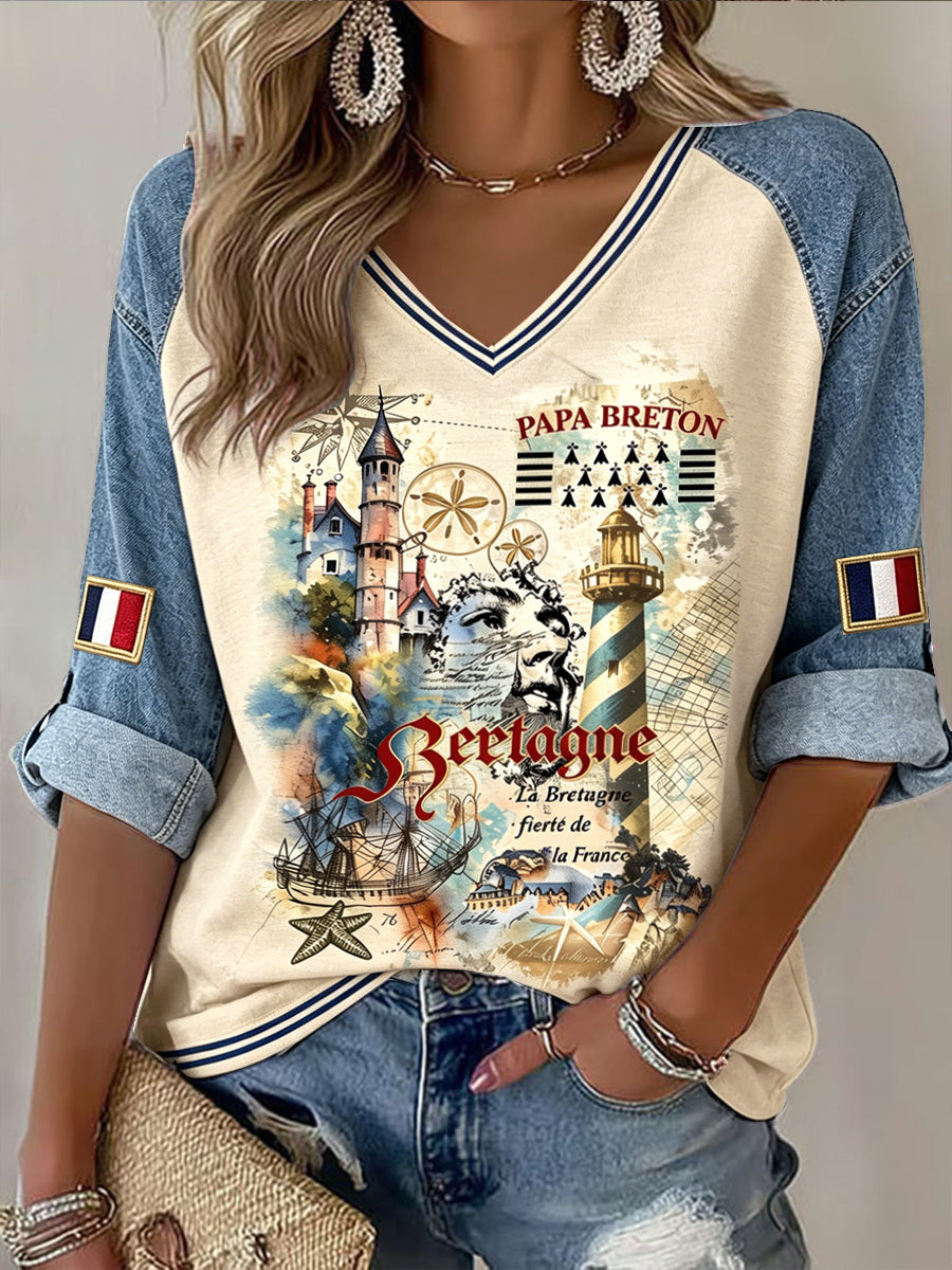 T-shirt vintage pour femme, style breton français, motif patchwork, col en V