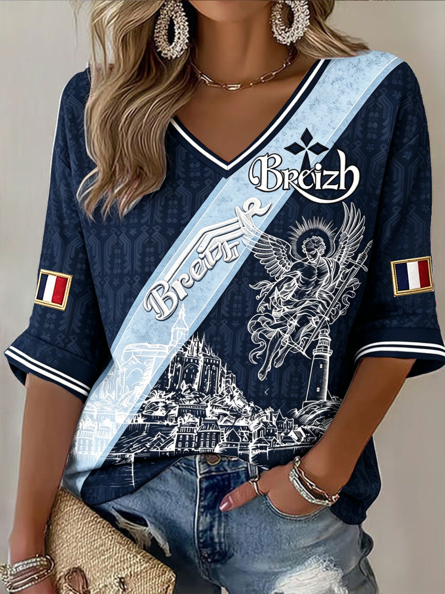 T-shirt femme bleu à col en V, imprimé Bretagne française et Mont Saint-Michel