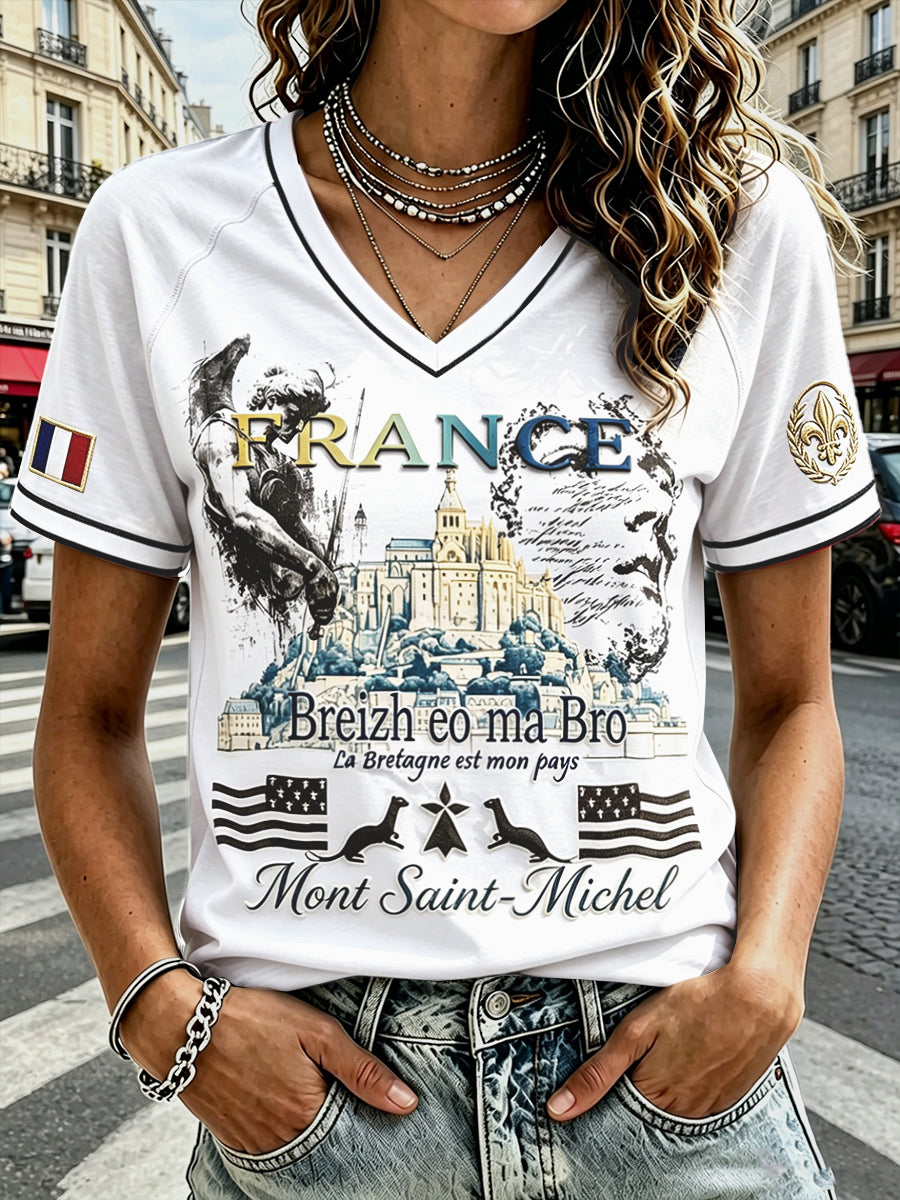T-shirt décontracté pour femme, imprimé du Mont-Saint-Michel, col en V, épaules tombantes