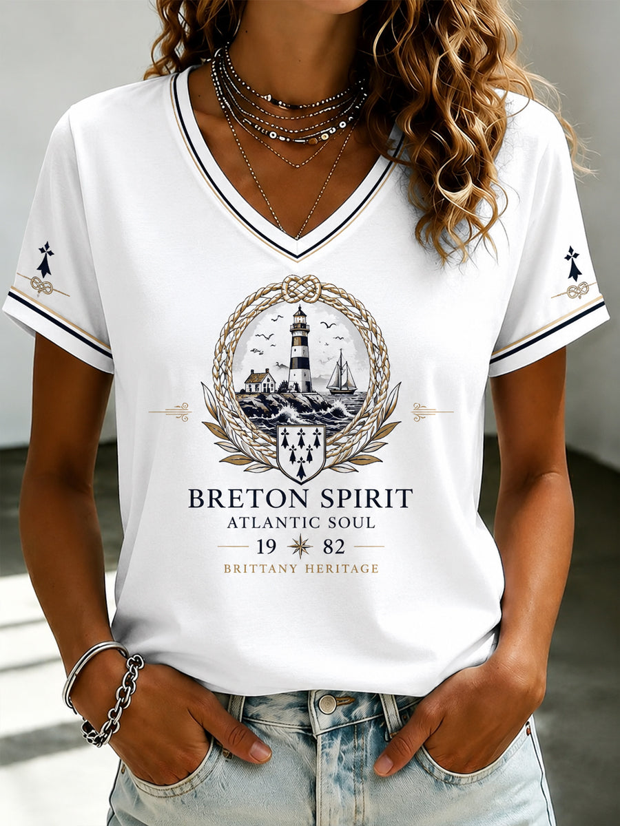 T-shirt à col en V imprimé celtique de Bretagne pour femmes