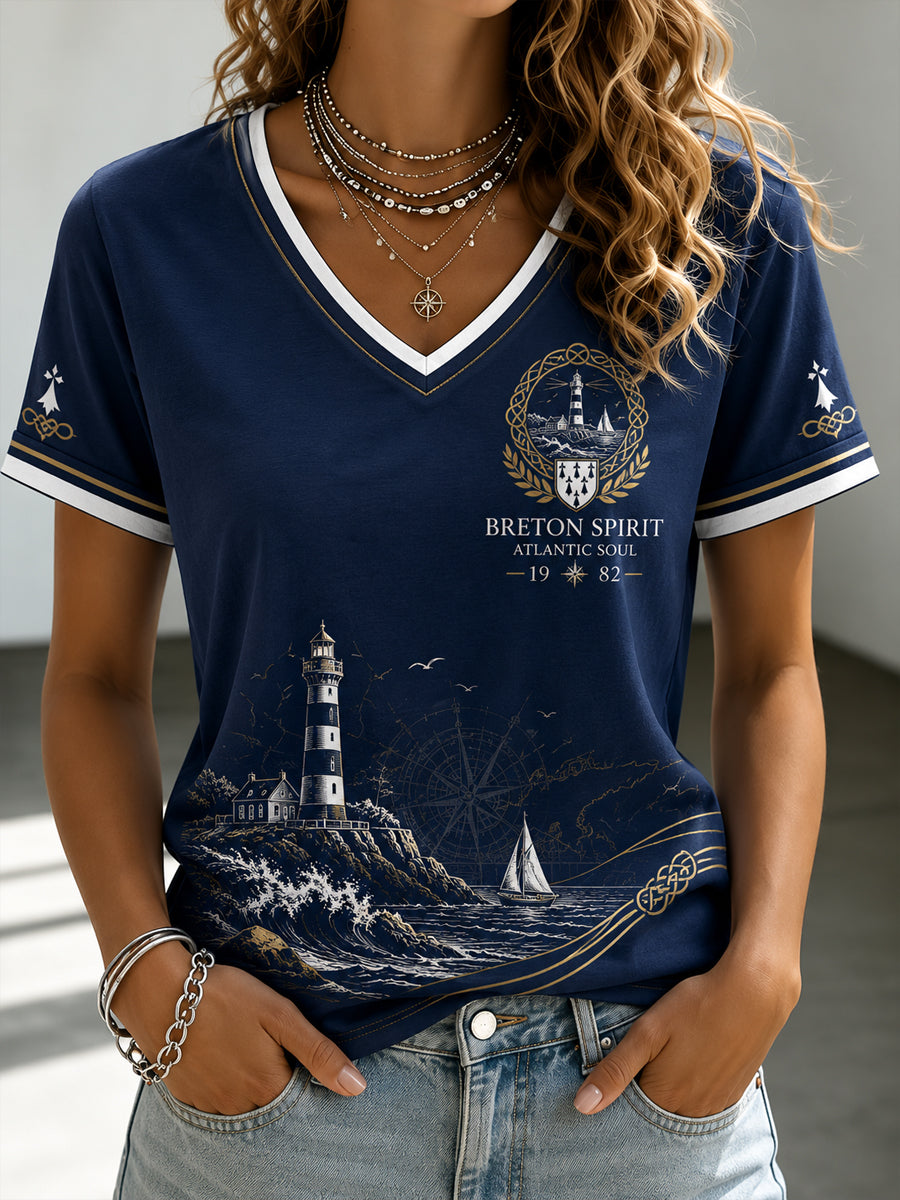 T-shirt à col en V imprimé celtique de Bretagne pour femmes