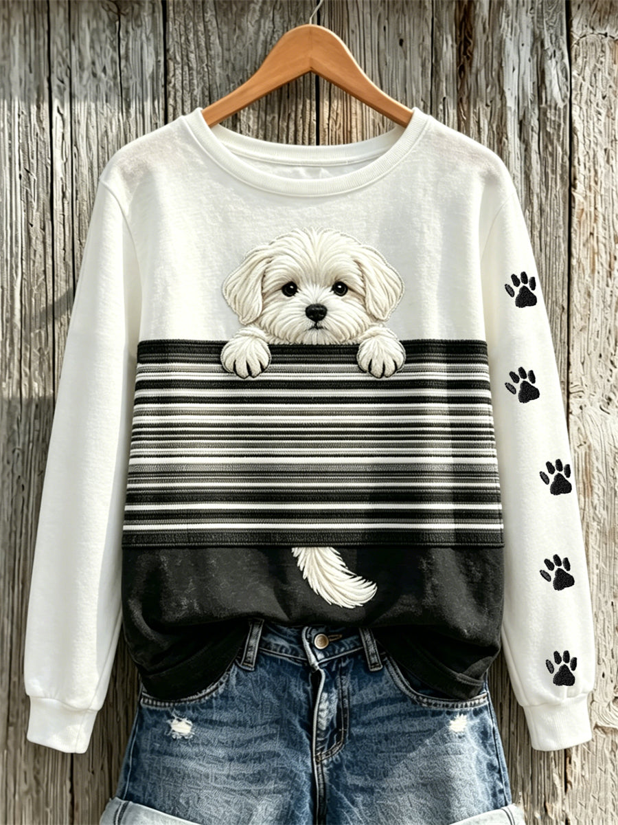 Sweat-shirt Femme Peeking Maltese Dog & Paw Prints Colorblock Print