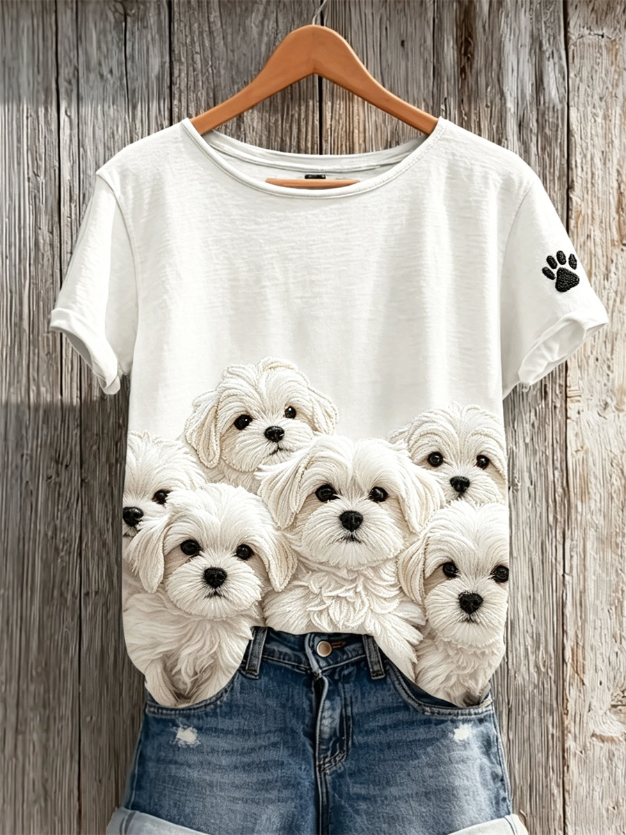 T-shirt à manches courtes Fuzzy Maltese Dogs Paw Print Femme