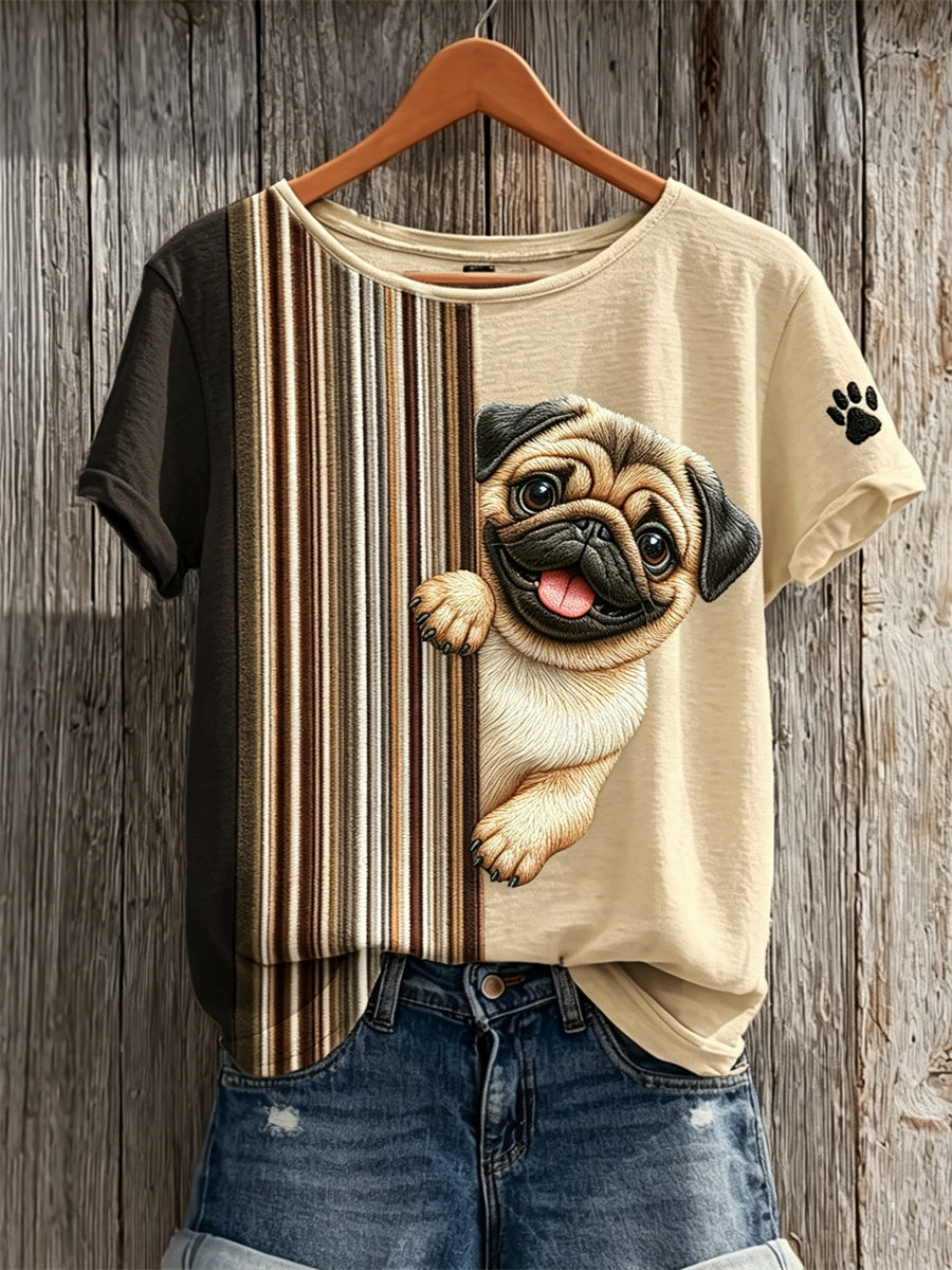 T-shirt à manches courtes Peeking Pug Dog & Paw Print Colorblock Femme