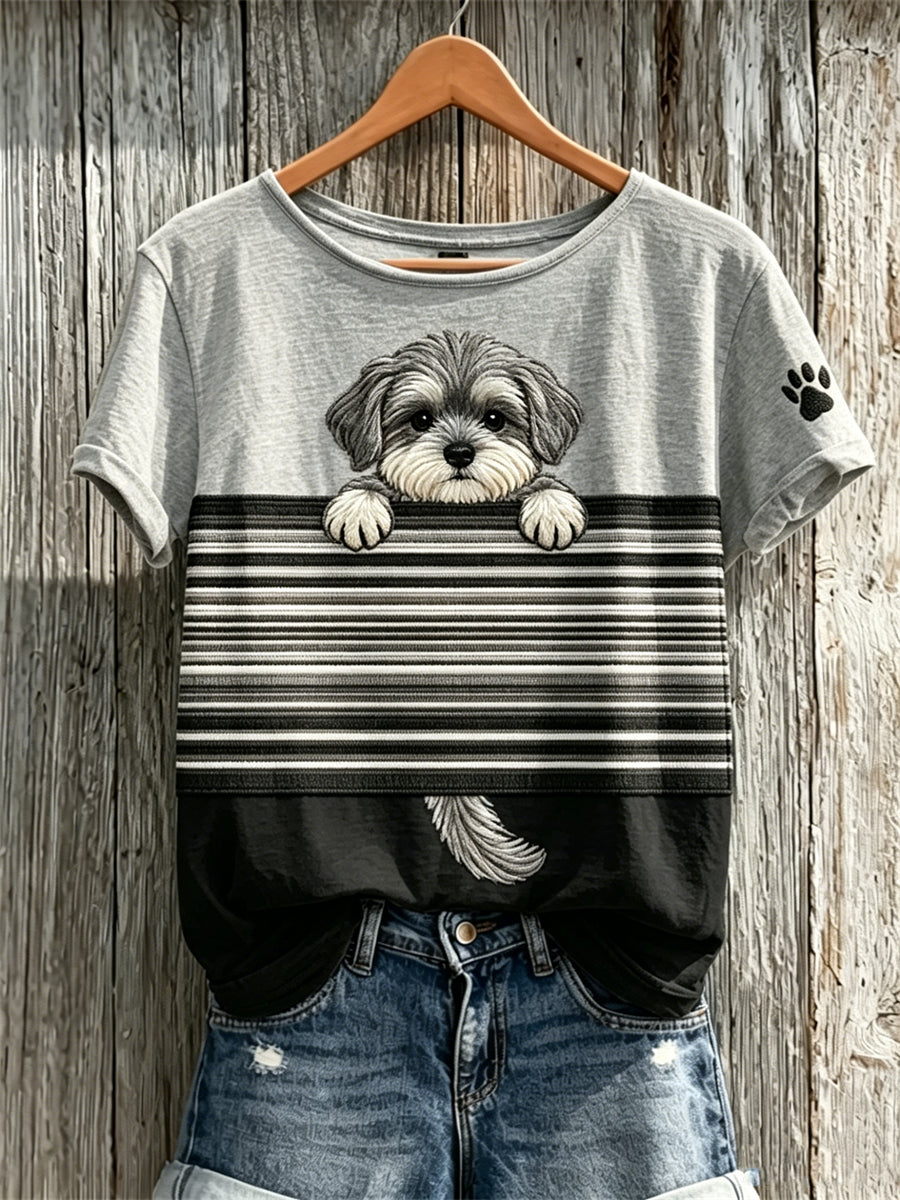 Peeking Schnauzer Dog & Paw Print Colorblock T-shirt à manches courtes pour femme