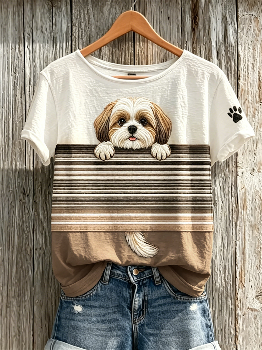 T-shirt manches courtes Peeking Shih Tzu Dog & Paw Print Colorblock Femme