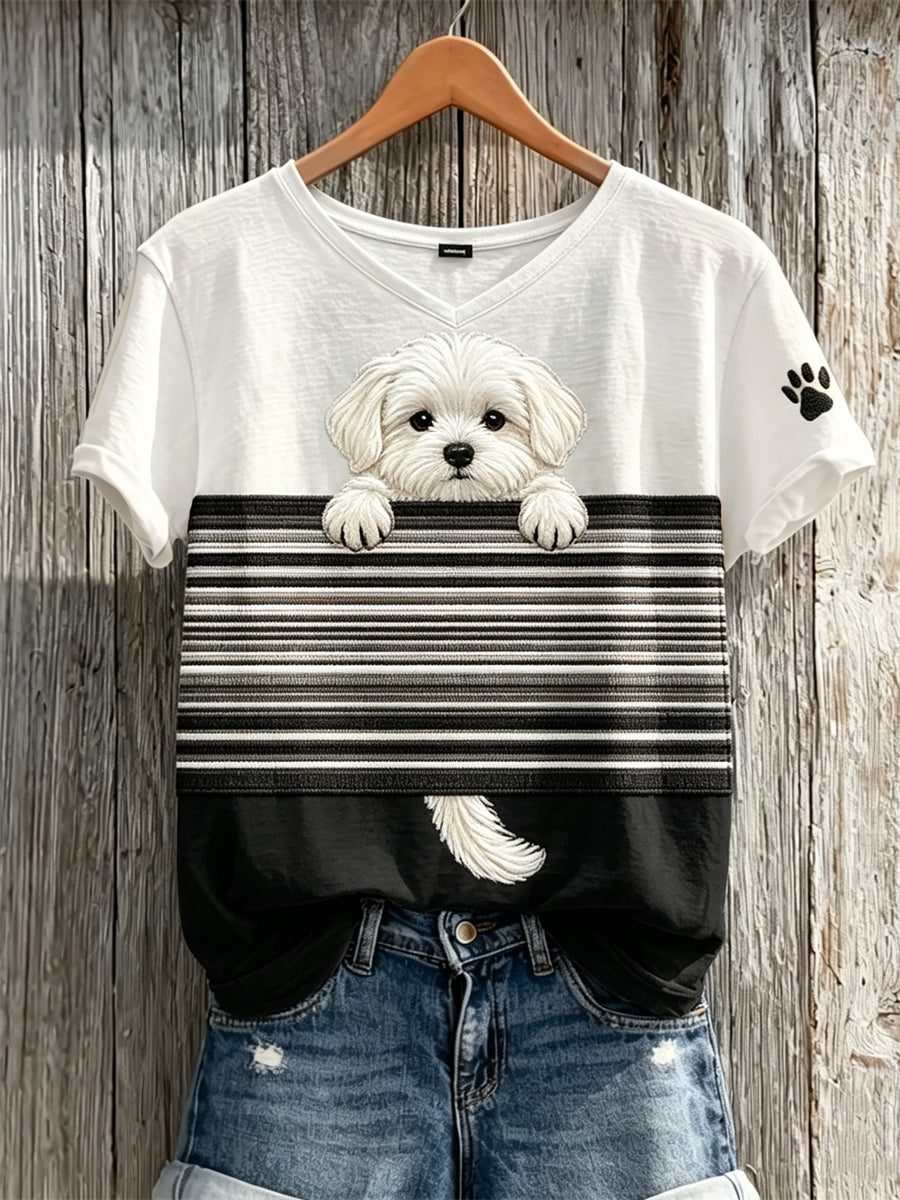 T-shirt à manches courtes pour femmes, imprimé color-block avec un petit chien maltais qui fait coucou