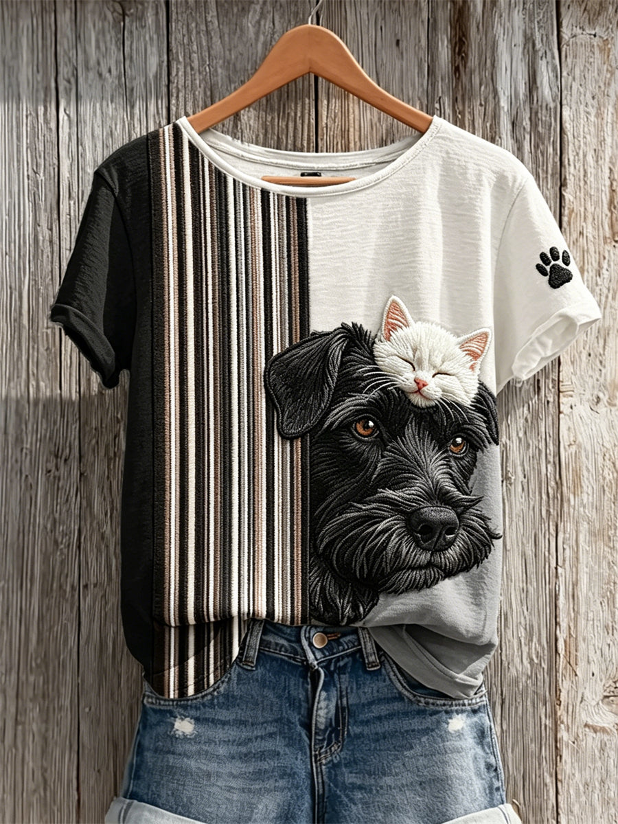 T-shirt à manches courtes imprimé patte de chat et de chien pour femme