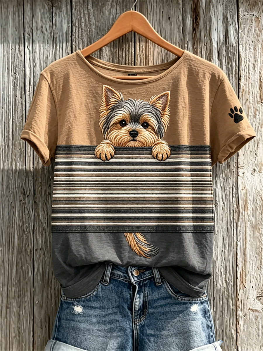 T-shirt Femme Peeking Yorkshire Dog & Paw Print Colorblock Imprimé à manches courtes