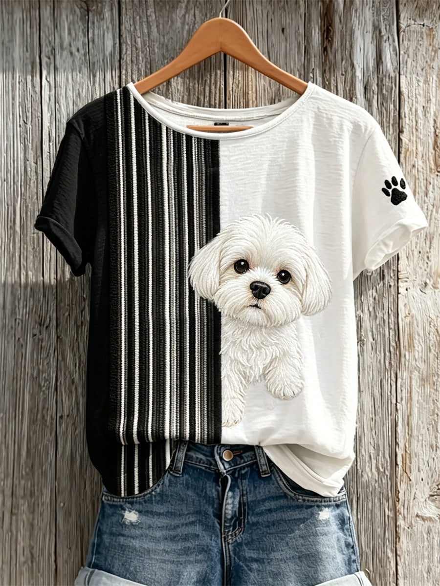 T-shirt à manches courtes Peeking Maltese Dog & Paw Print Colorblock Femme