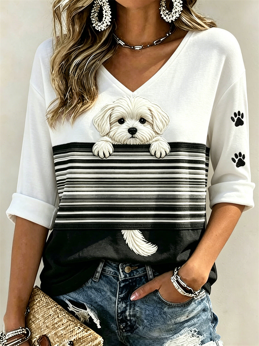 Peeking Maltese Dog & Paw Prints Colorblock Imprimer T-shirt manches mi-longues col en V