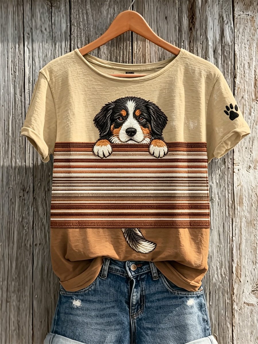 T-shirt Femme Peeking Bernese Mountain Dog Colorblock Print à manches courtes