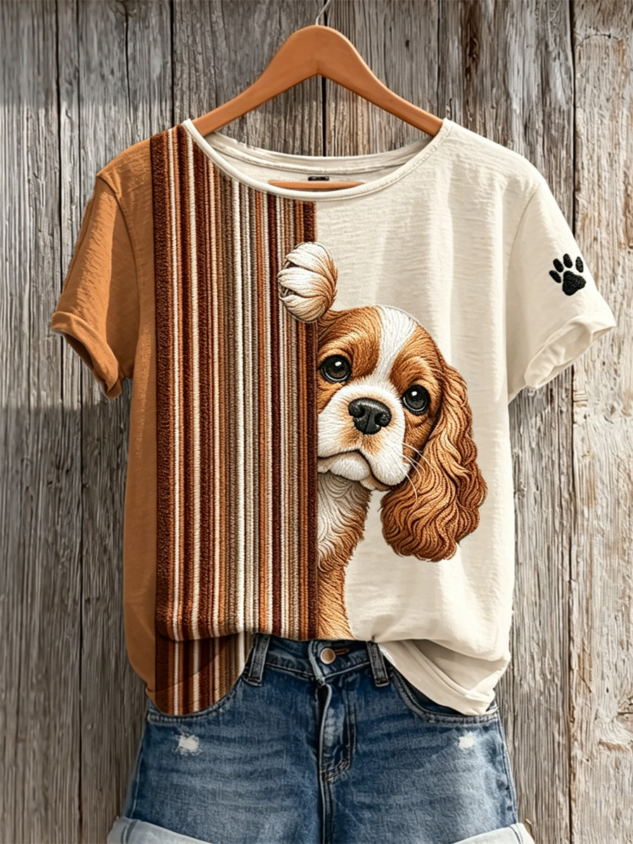 Peeking King Charles Spaniel Dog & Paw Print Colorblock T-shirt à manches courtes Femme