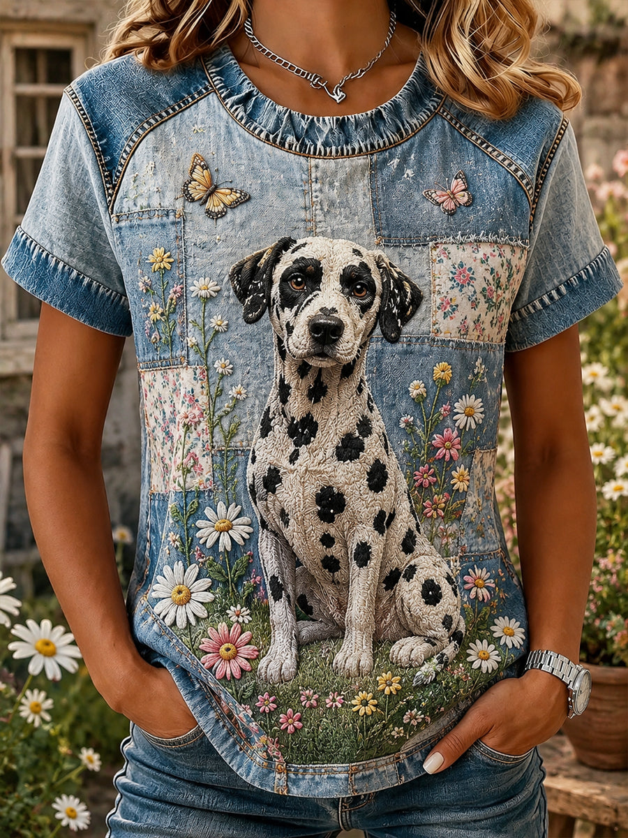 T-shirt décontracté à manches courtes à imprimé floral patchwork de style vintage pour femmes