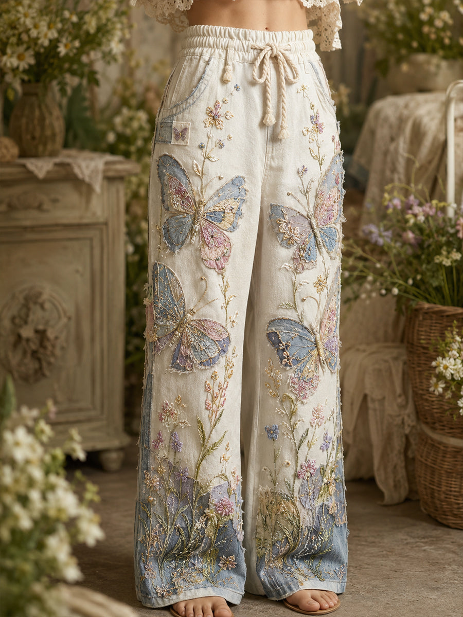 Pantalon Femme Style Vintage Patchwork Floral Papillon Art Imprimé