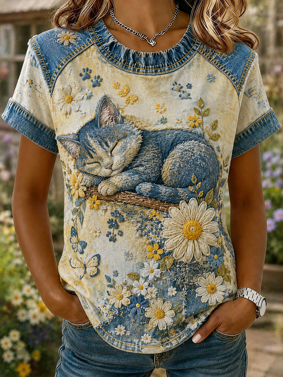 Vintage Patchwork Floral Daisy et papillon Design Imprimer T-shirt décontracté à manches courtes des femmes