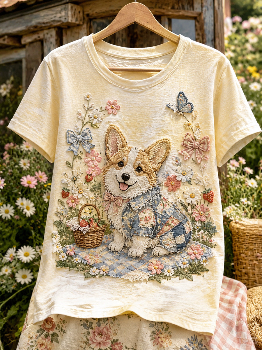 T-shirt femme à manches courtes patchwork floral style vintage chiot