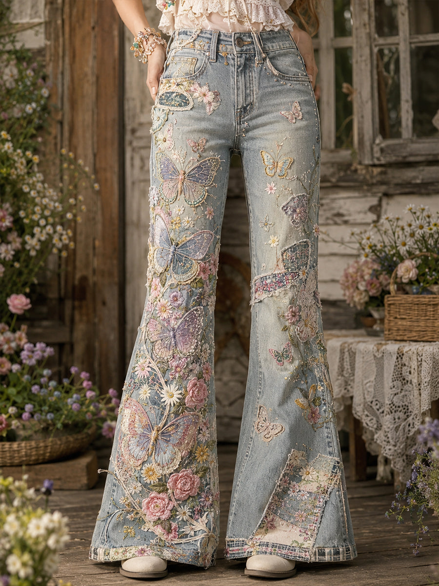 Pantalon évasé Femme Style Vintage Patchwork Floral Papillon Art Imprimé