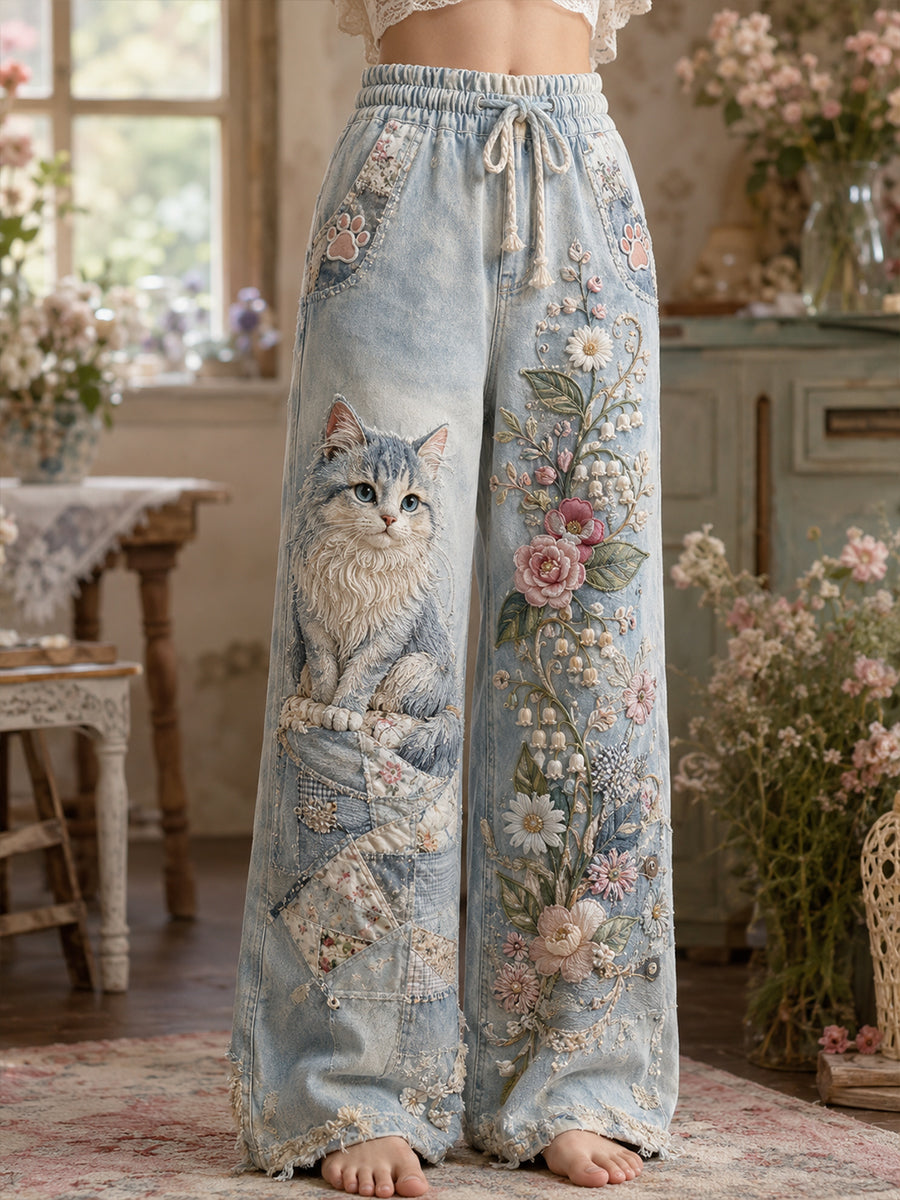 Pantalon Femme Style Vintage Patchwork Floral Cat Art Print